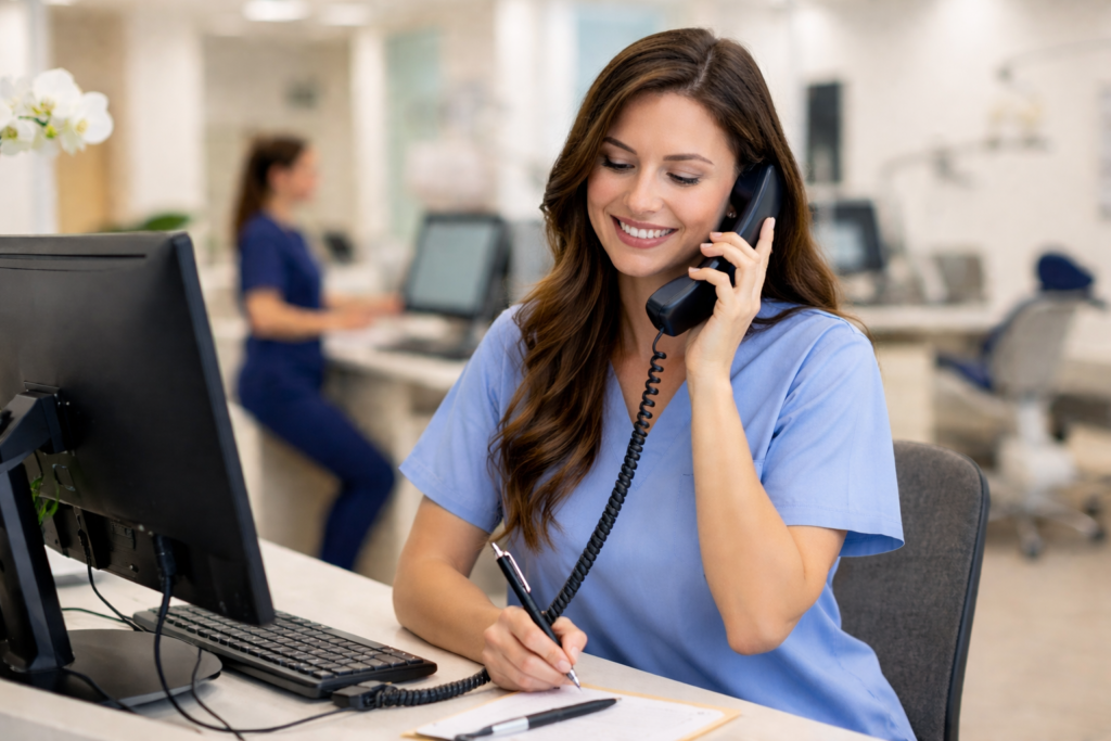 Orthodontic office phones team member answering a call and taking notes at the front desk workstation.